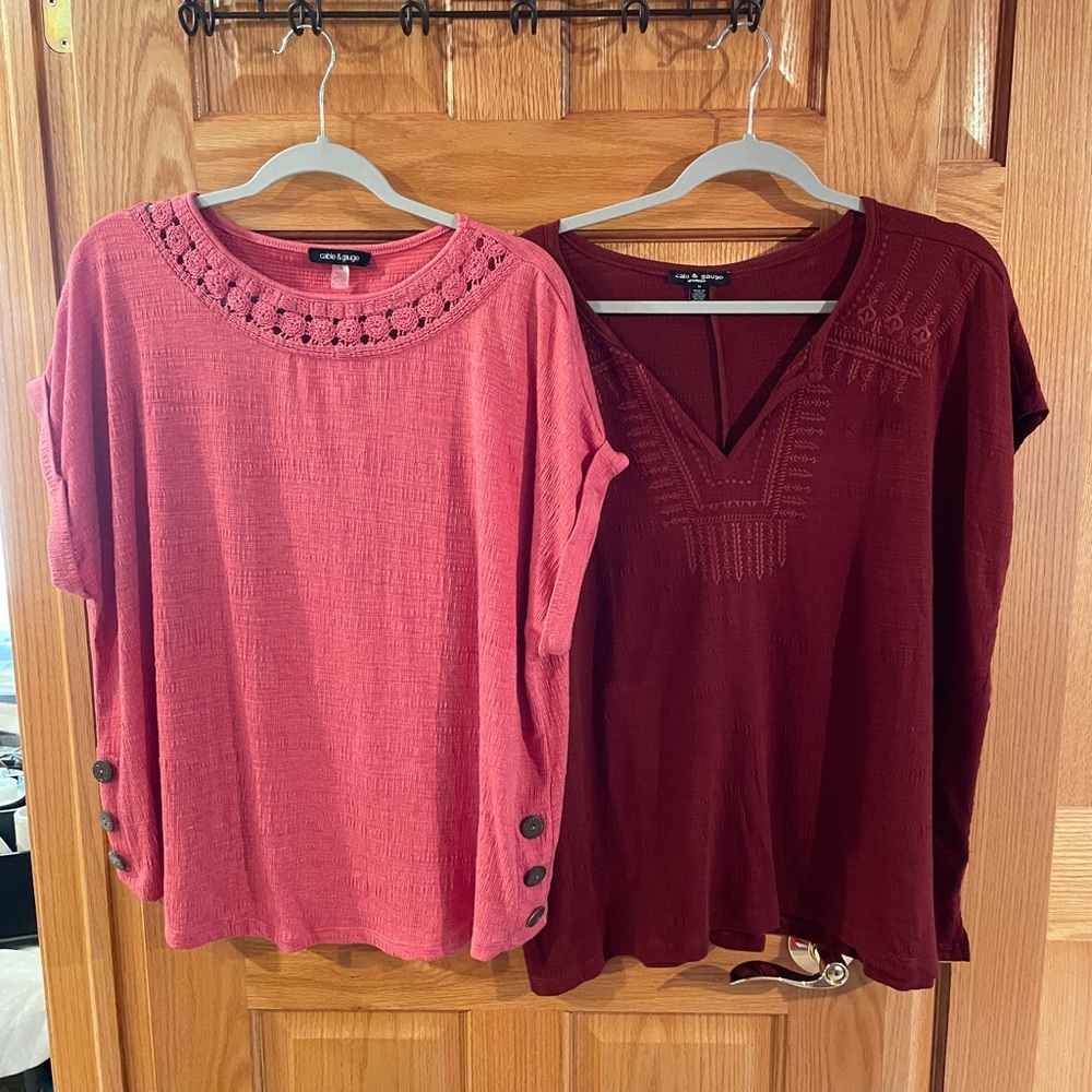 Cable & Gauge Pink and Red Boxy Short Sleeve Blouses